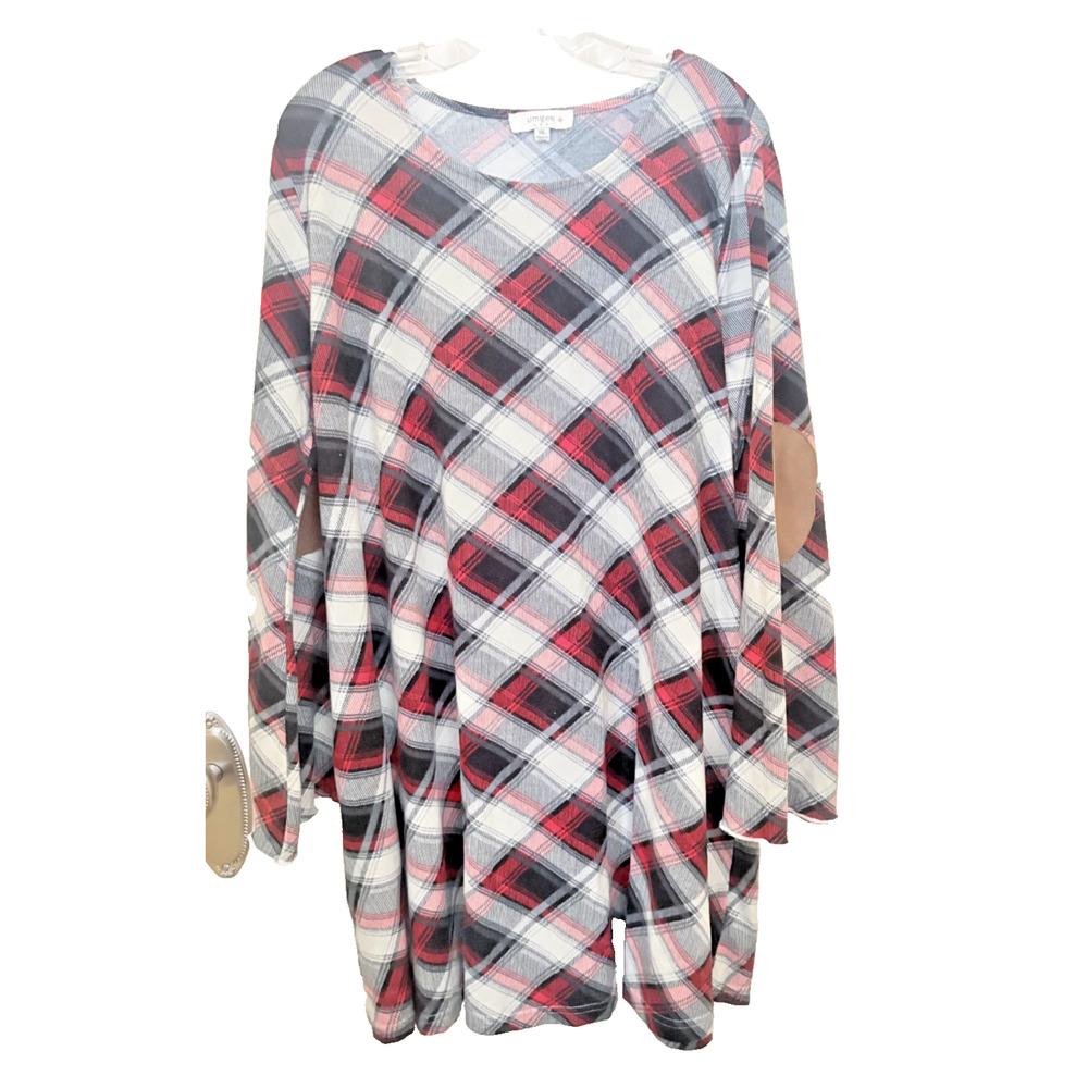 Umgee Plaid Tunic in Red, Black & White with Elbow Patches